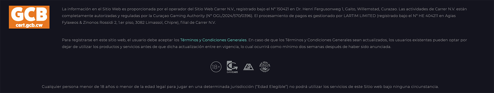 Footer con información legal y términos en Izzi Casino Perú