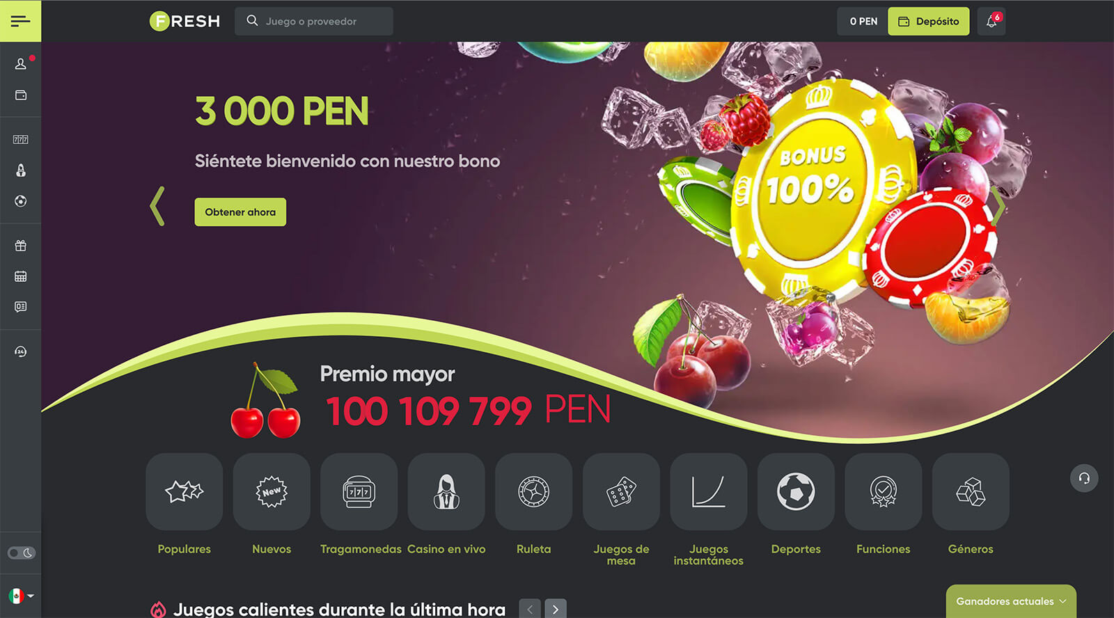 Página principal de Fresh Casino online, mejor casino en Perú