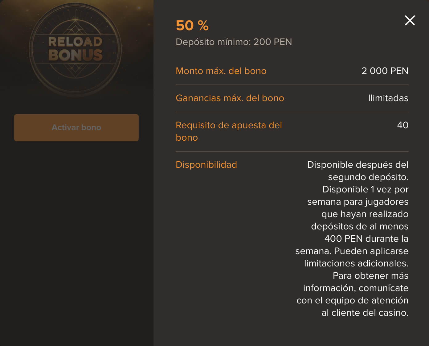 Condiciones del bono de recarga (reload) en Sol Casino Perú