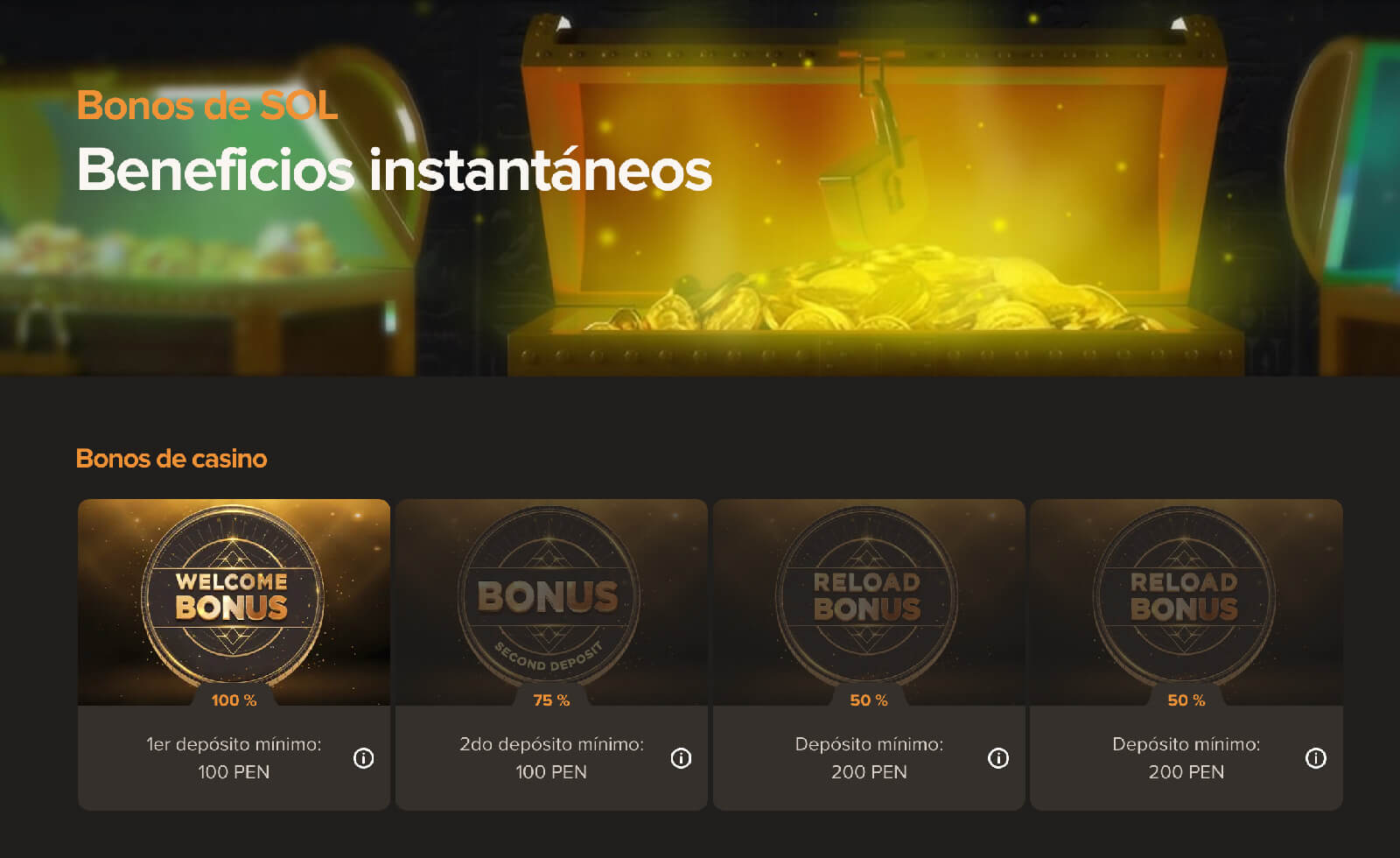 Página con todos los bonos y promociones disponibles en Sol Casino Perú