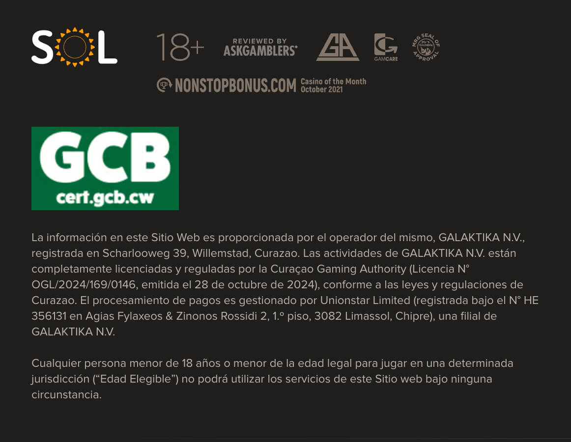 Pie de página con información legal y términos de Sol Casino Perú