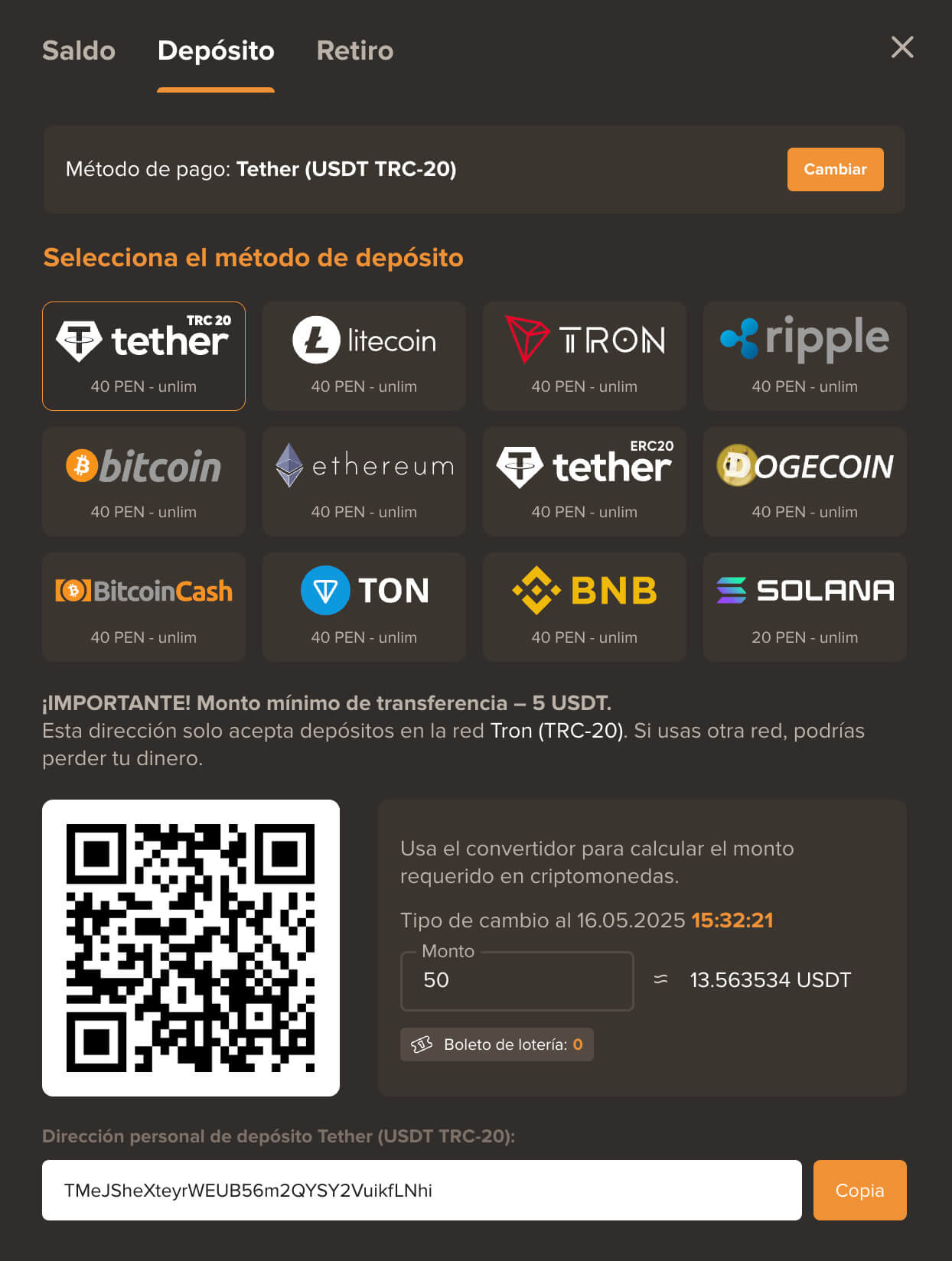 Opciones de métodos de depósito disponibles en Sol Casino Perú