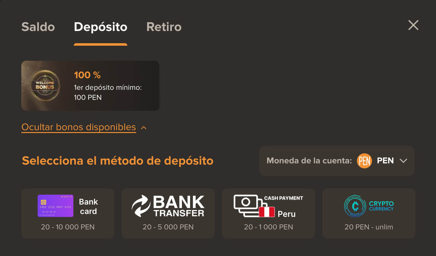 Página adicional con métodos de pago para recargar saldo en Sol Casino Perú