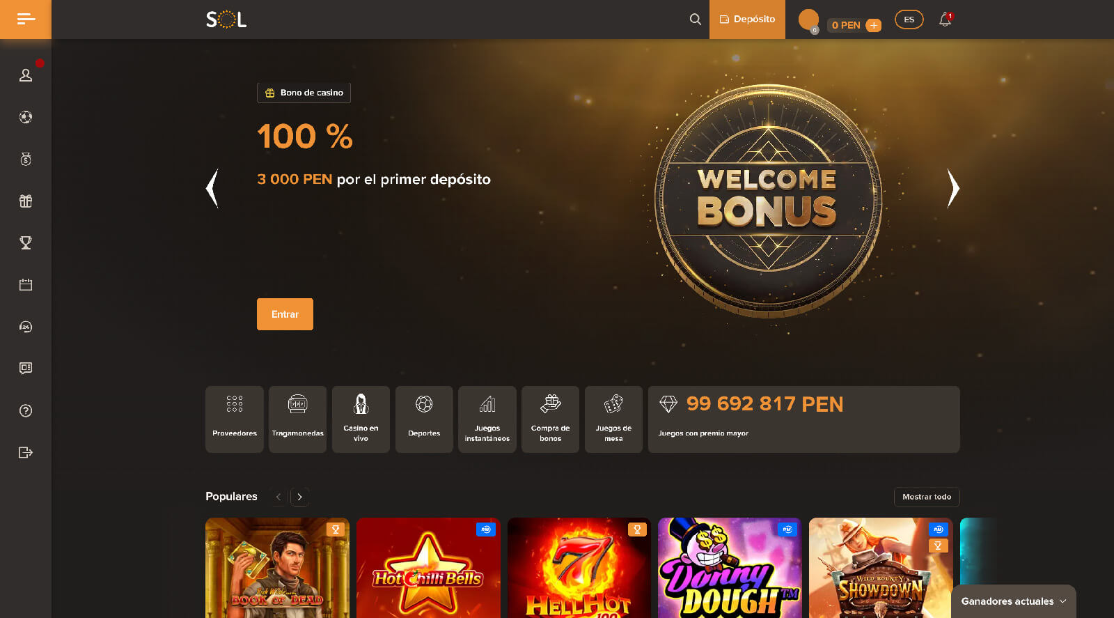 Página principal de Sol Casino Perú con promociones y juegos destacados