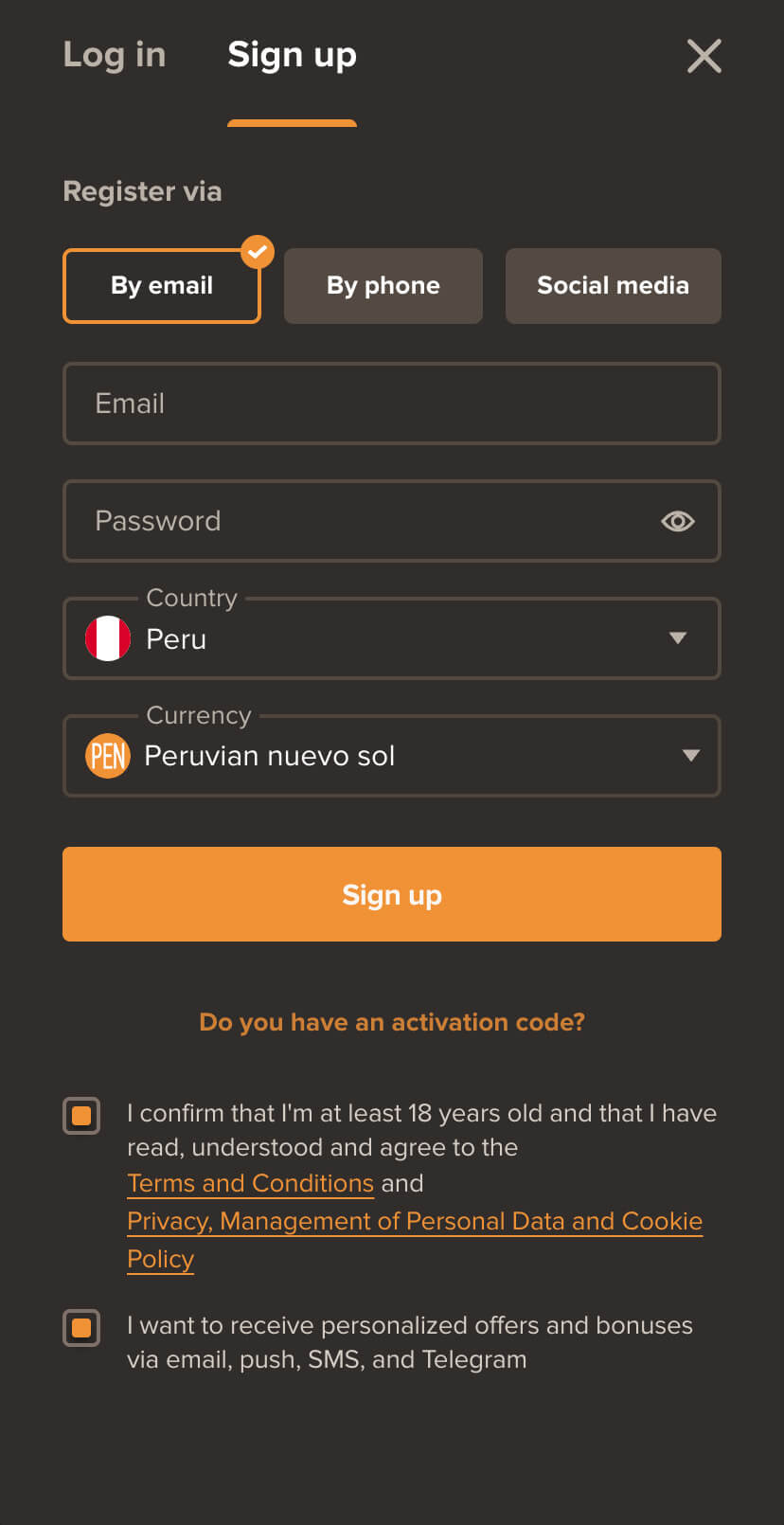 Pantalla de registro de usuario en Sol Casino Perú para crear cuenta