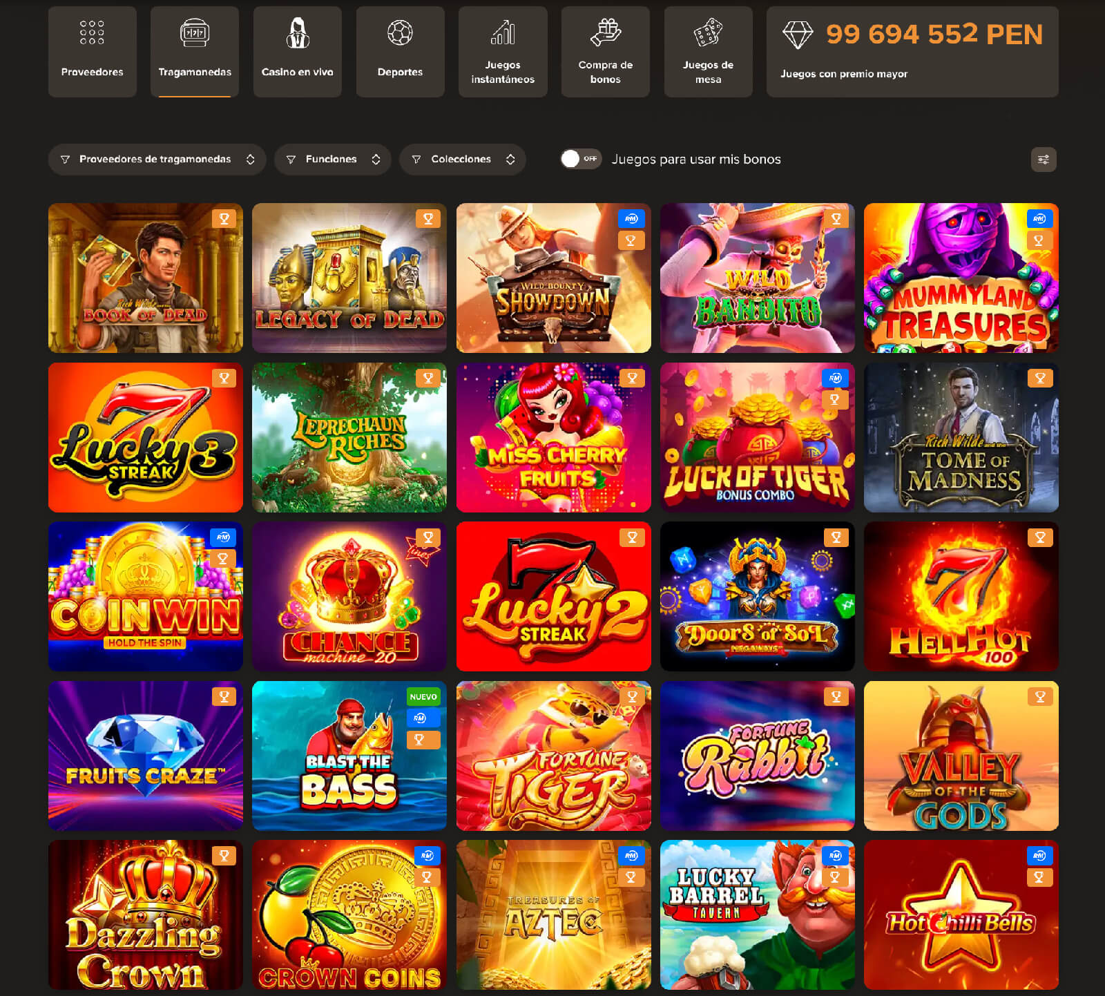 Página con tragamonedas y juegos populares disponibles en Sol Casino Perú