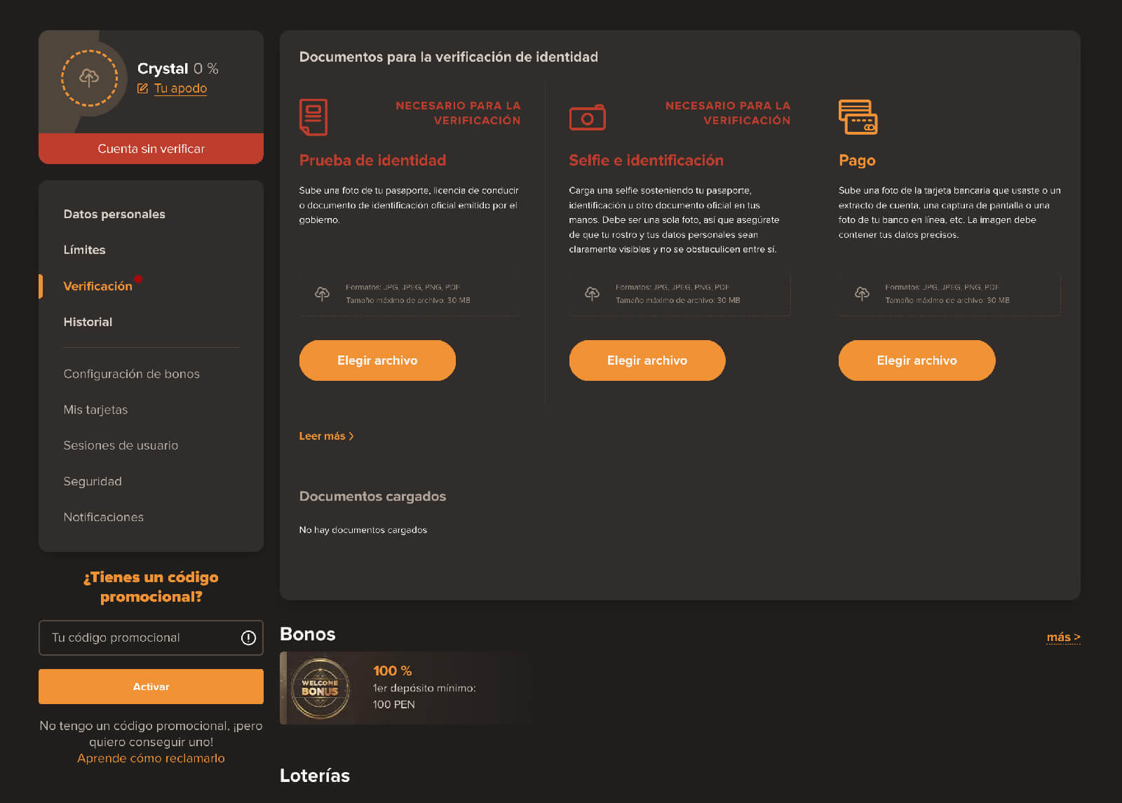 Pantalla de verificación de identidad para jugadores en Sol Casino Perú